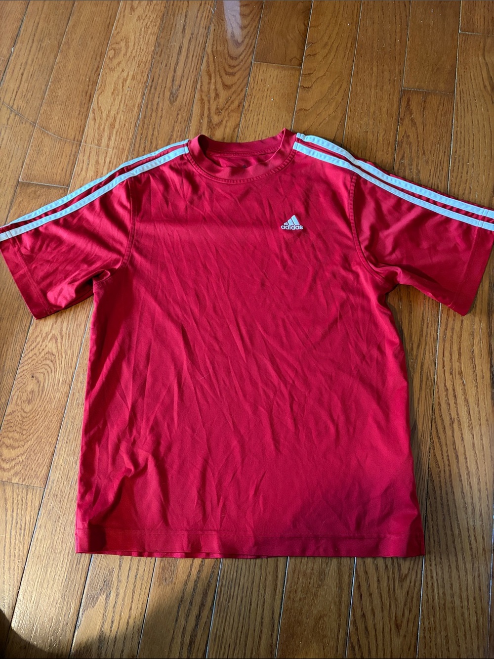 adidas Red Tee with White Shoulder Stripes